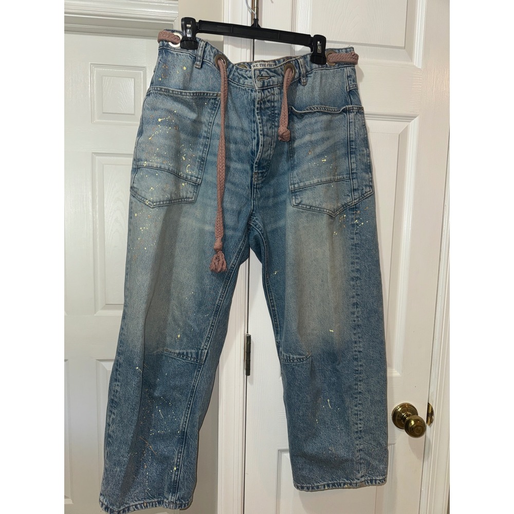 We The Free Free People Old West Slouchy Jeans 31 Paint Splatter Drawstring Blue - Picture 5 of 9